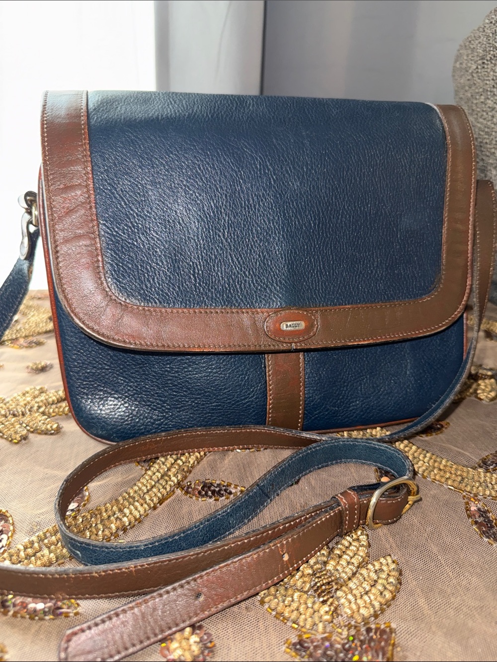 Bally Navy and Brown Leather Fold-Over Crossbody Bag